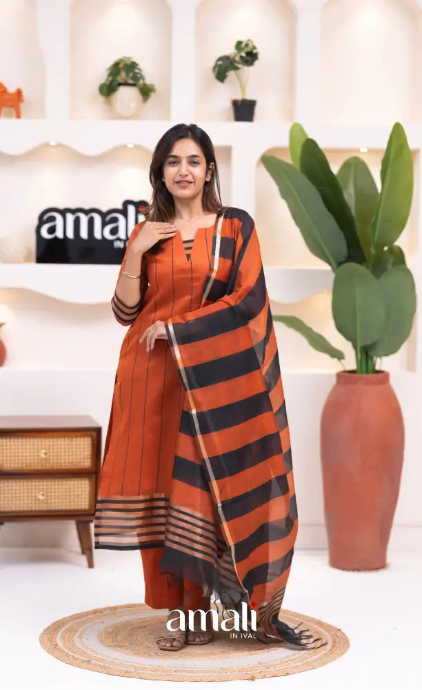 Rust Orange and Black Viscose Chanderi Salwar Set - salwar