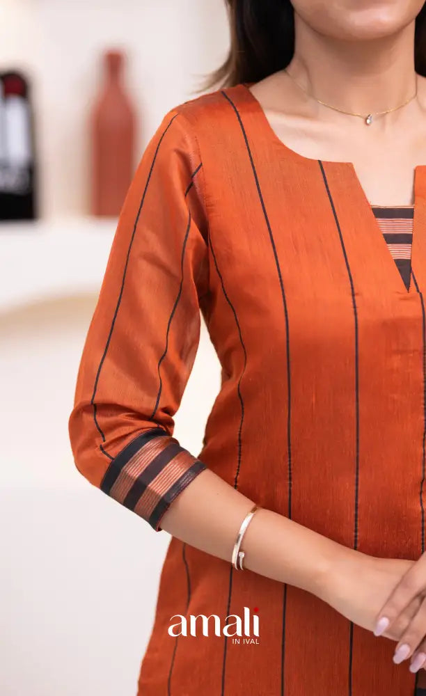 Rust Orange and Black Viscose Chanderi Salwar Set - salwar