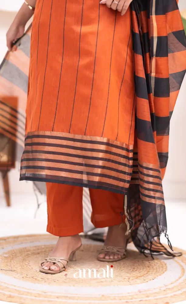 Rust Orange and Black Viscose Chanderi Salwar Set - salwar