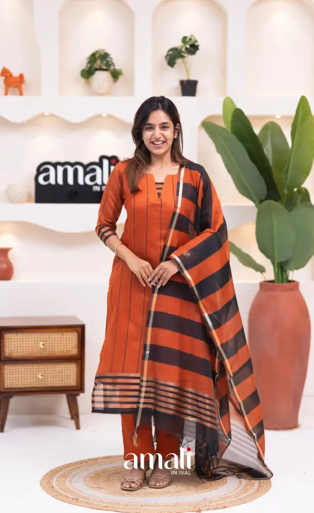 Rust Orange and Black Viscose Chanderi Salwar Set - salwar