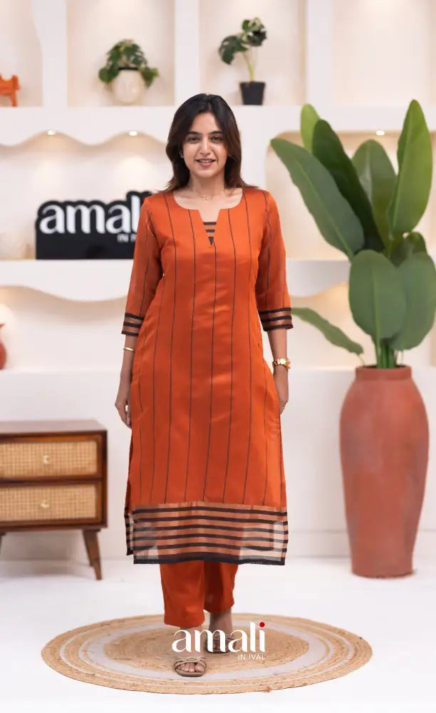 Rust Orange and Black Viscose Chanderi Salwar Set - salwar