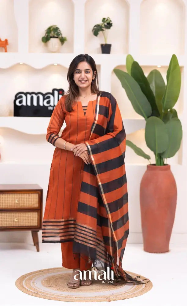 Rust Orange and Black Viscose Chanderi Salwar Set - salwar