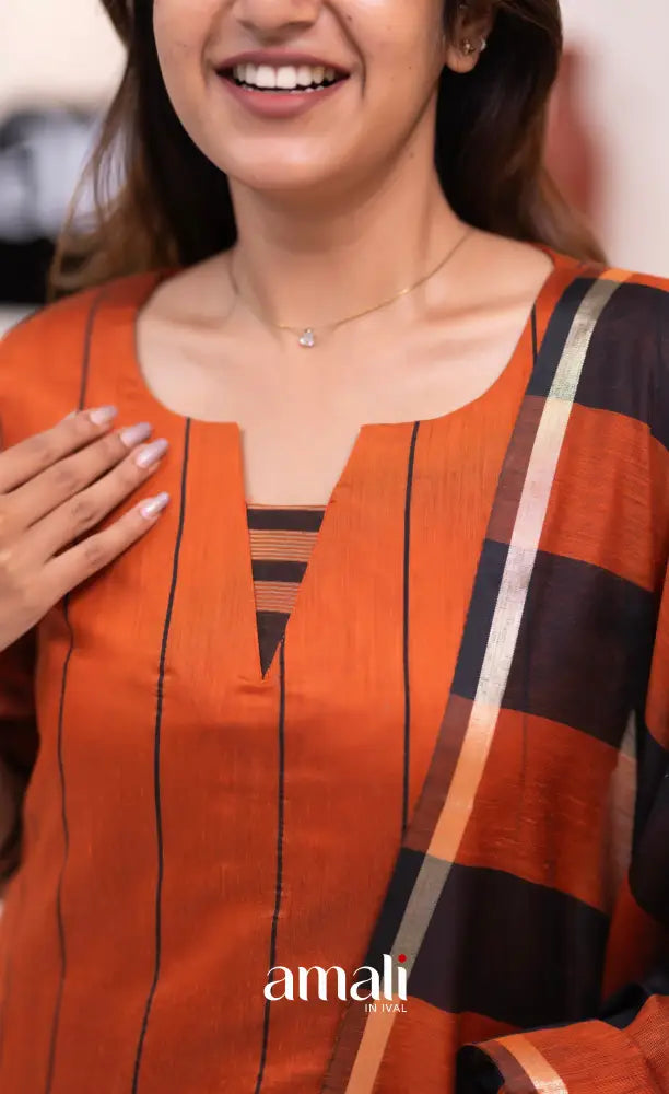 Rust Orange and Black Viscose Chanderi Salwar Set - salwar