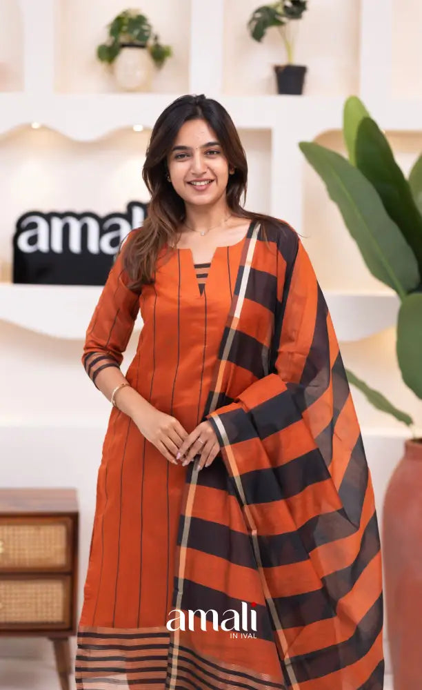 Rust Orange and Black Viscose Chanderi Salwar Set - salwar