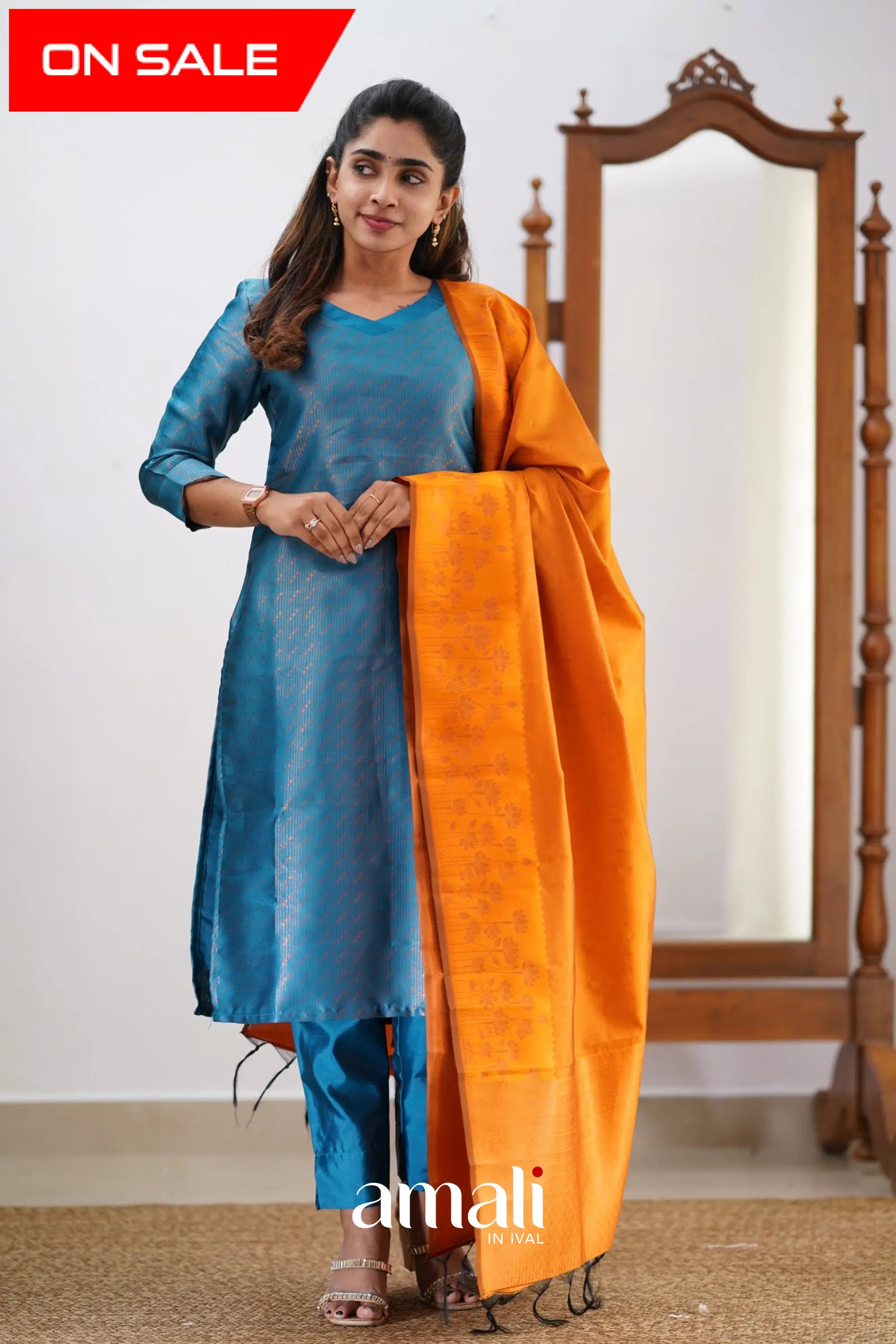 Saara - Blue And Orange Semi Kanchipuram Silk Salwar Salwar