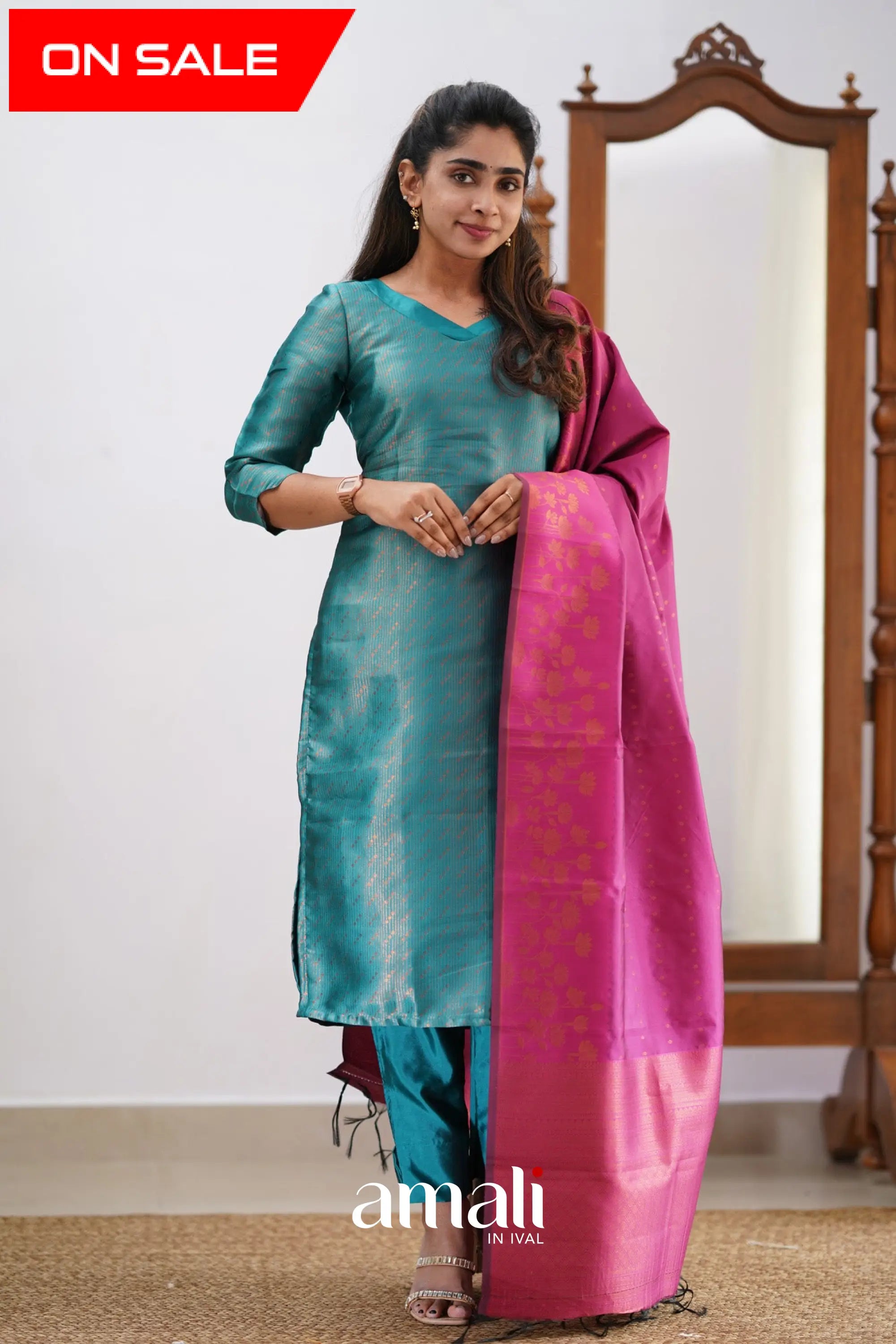 Saara - Teal And Pink Semi Kanchipuram Silk Salwar Salwar
