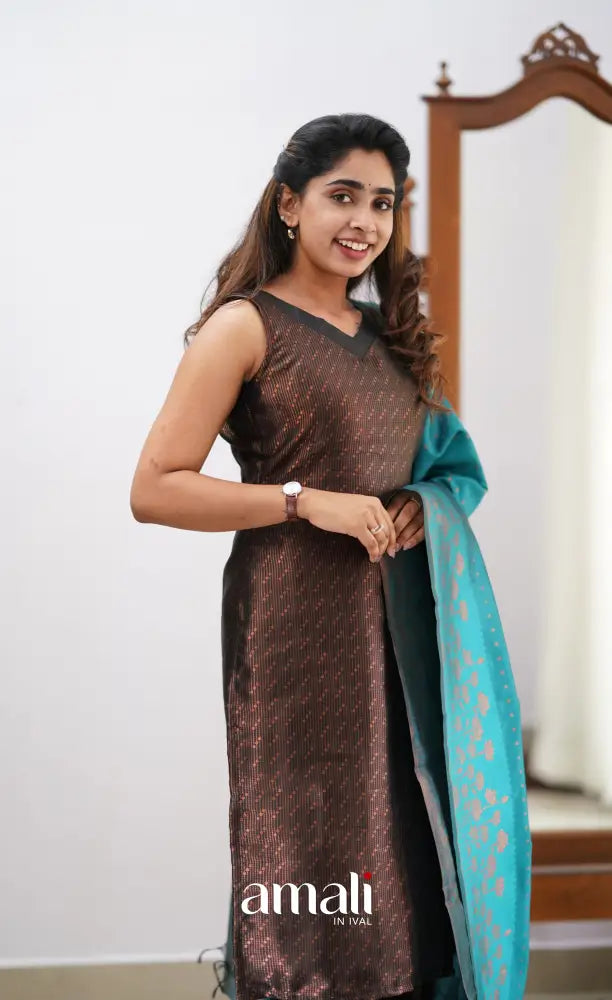 Sanvi - Black and Teal Semi Kanchipuram Silk Salwar salwar