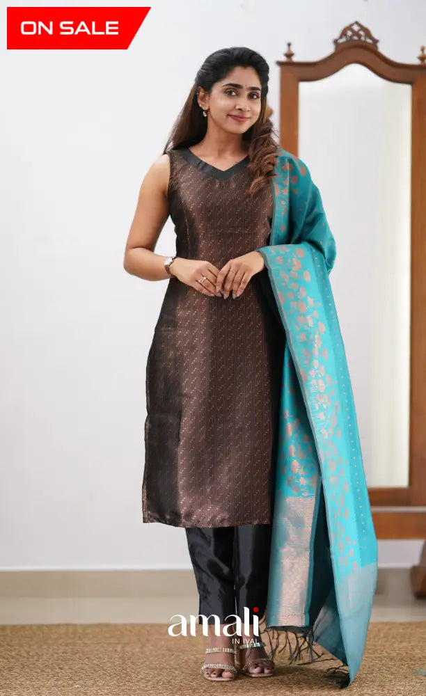 Sanvi - Black and Teal Semi Kanchipuram Silk Salwar salwar