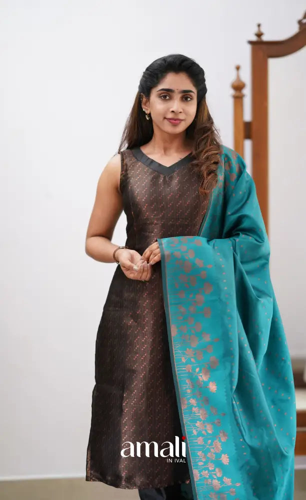 Sanvi - Black and Teal Semi Kanchipuram Silk Salwar salwar