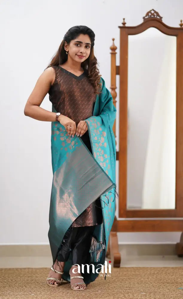 Sanvi - Black and Teal Semi Kanchipuram Silk Salwar salwar