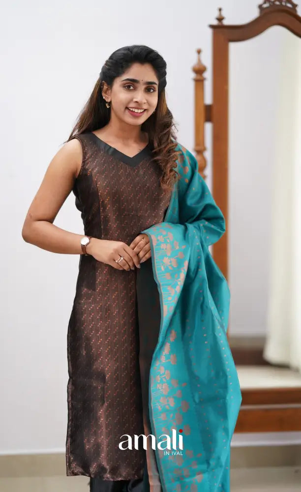 Sanvi - Black and Teal Semi Kanchipuram Silk Salwar salwar