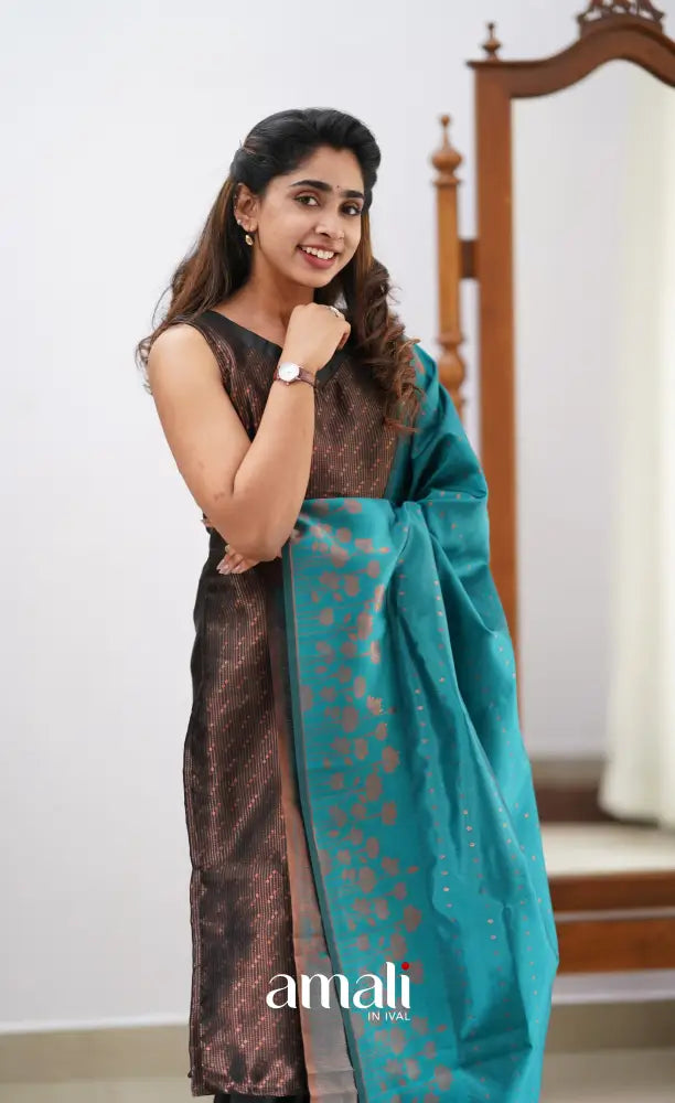Sanvi - Black and Teal Semi Kanchipuram Silk Salwar salwar