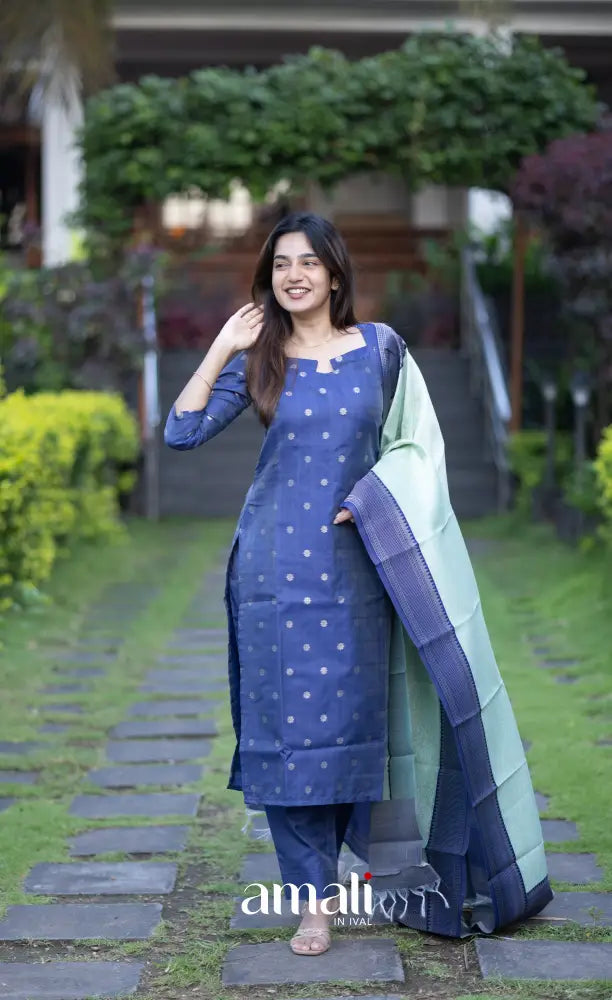 Sanvi Blended Silk Salwar Dark Blue and Light Blue salwar