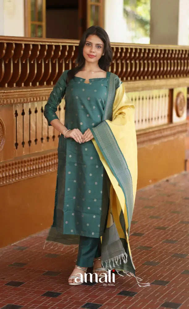 Sanvi Blended Silk Salwar Dark Green and Yellow salwar