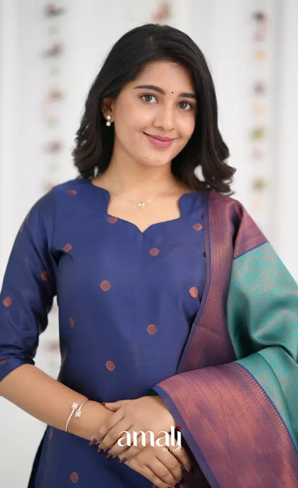 Sanvi Blended Silk Salwar - Dark Royal Blue and Teal Blue - salwar