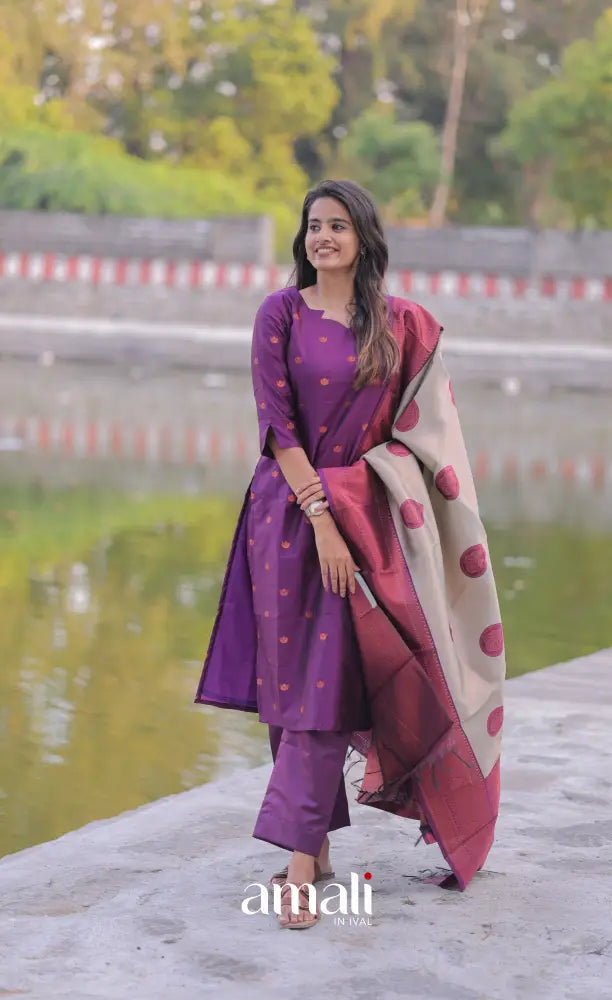Sanvi Blended Silk Salwar - Deep Purple and Beige salwar