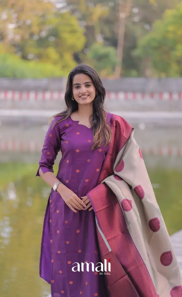 Sanvi Blended Silk Salwar - Deep Purple and Beige salwar
