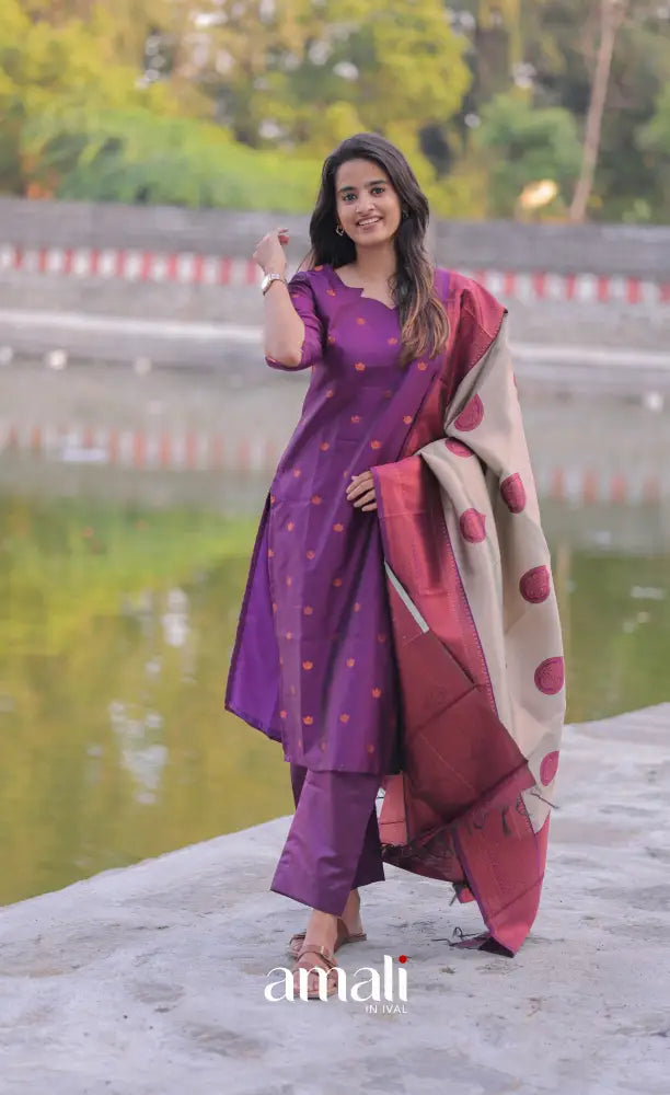 Sanvi Blended Silk Salwar - Deep Purple and Beige salwar