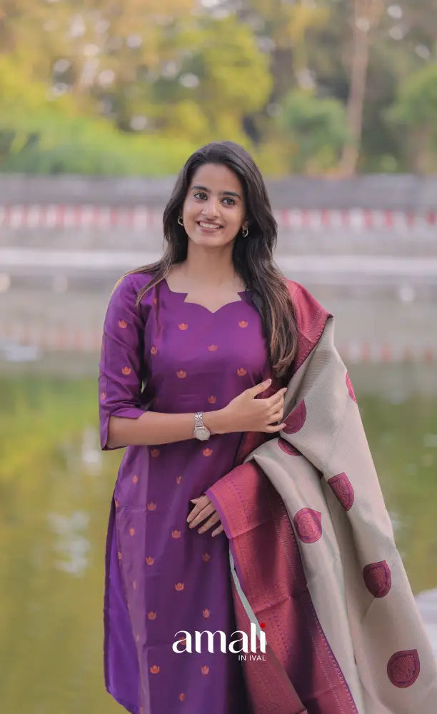 Sanvi Blended Silk Salwar - Deep Purple and Beige salwar