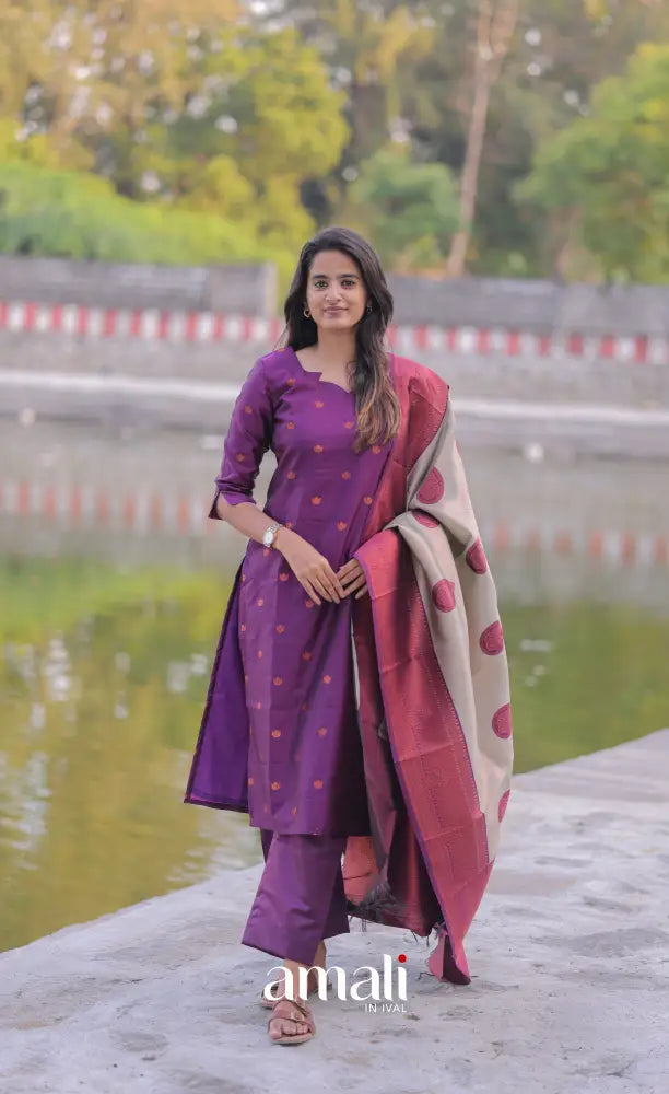 Sanvi Blended Silk Salwar - Deep Purple and Beige salwar