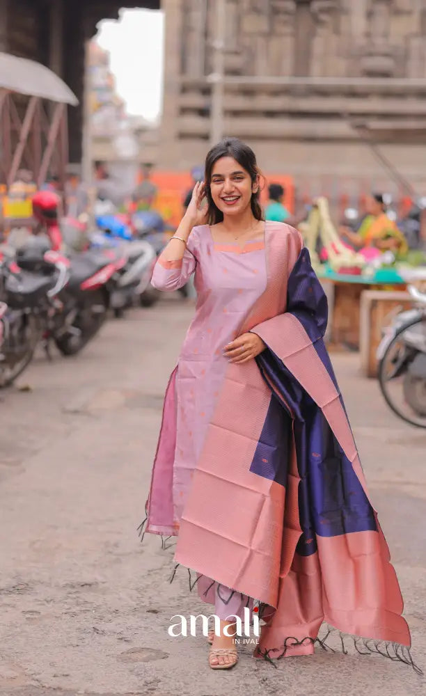 Sanvi Blended Silk Salwar - Light Pink and Navy Blue salwar