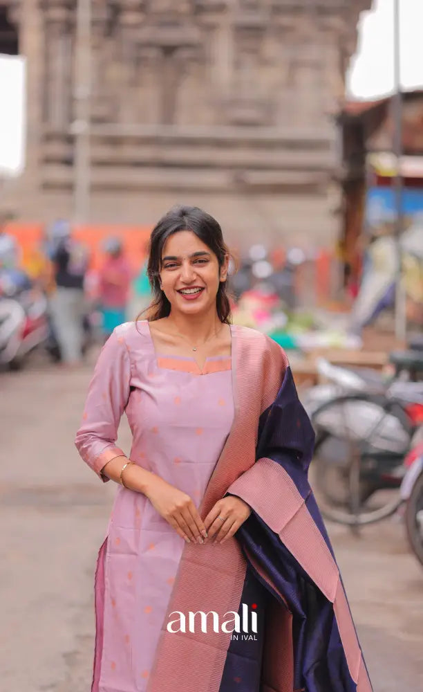 Sanvi Blended Silk Salwar - Light Pink and Navy Blue salwar