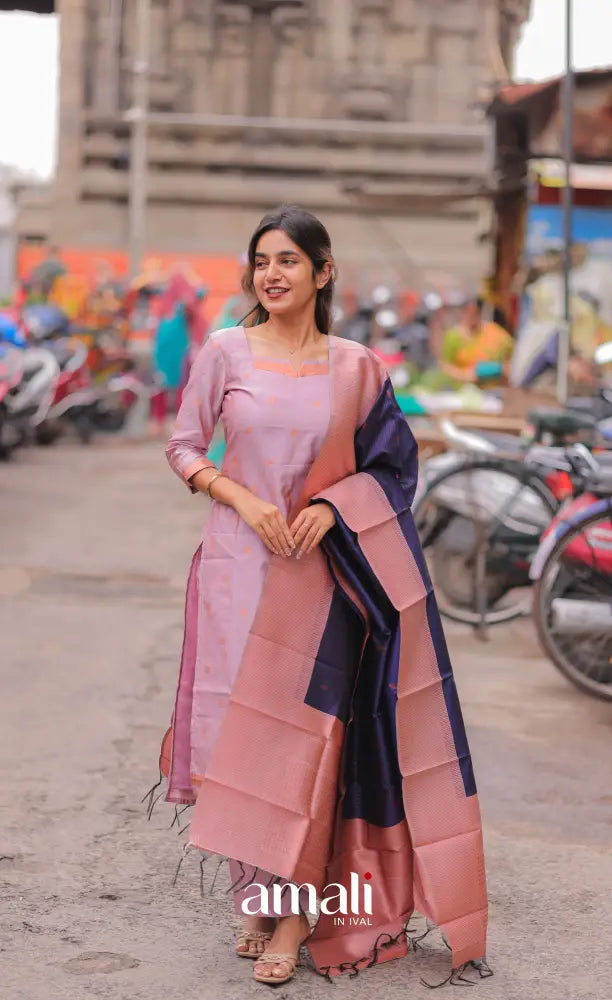 Sanvi Blended Silk Salwar - Light Pink and Navy Blue salwar
