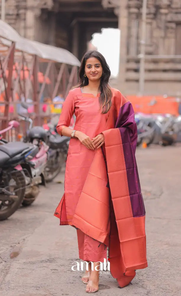 Sanvi Blended Silk Salwar - Peach and Purple salwar