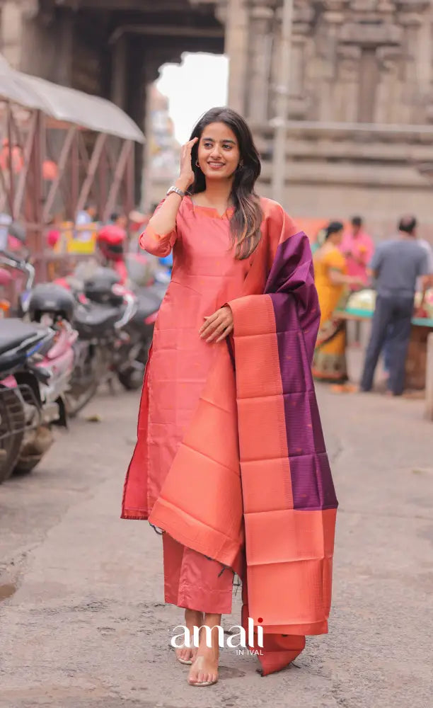 Sanvi Blended Silk Salwar - Peach and Purple salwar