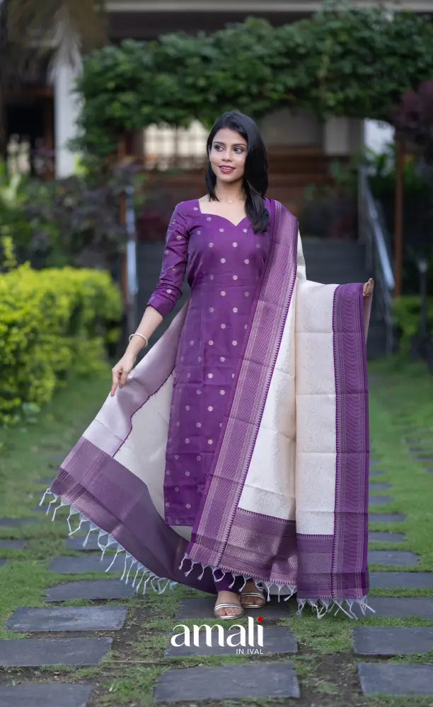 Sanvi Blended Silk Salwar Purple and Offwhite salwar