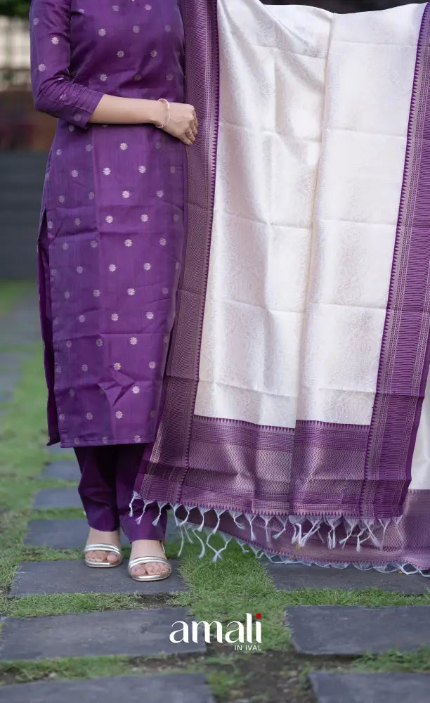 Sanvi Blended Silk Salwar Purple and Offwhite salwar