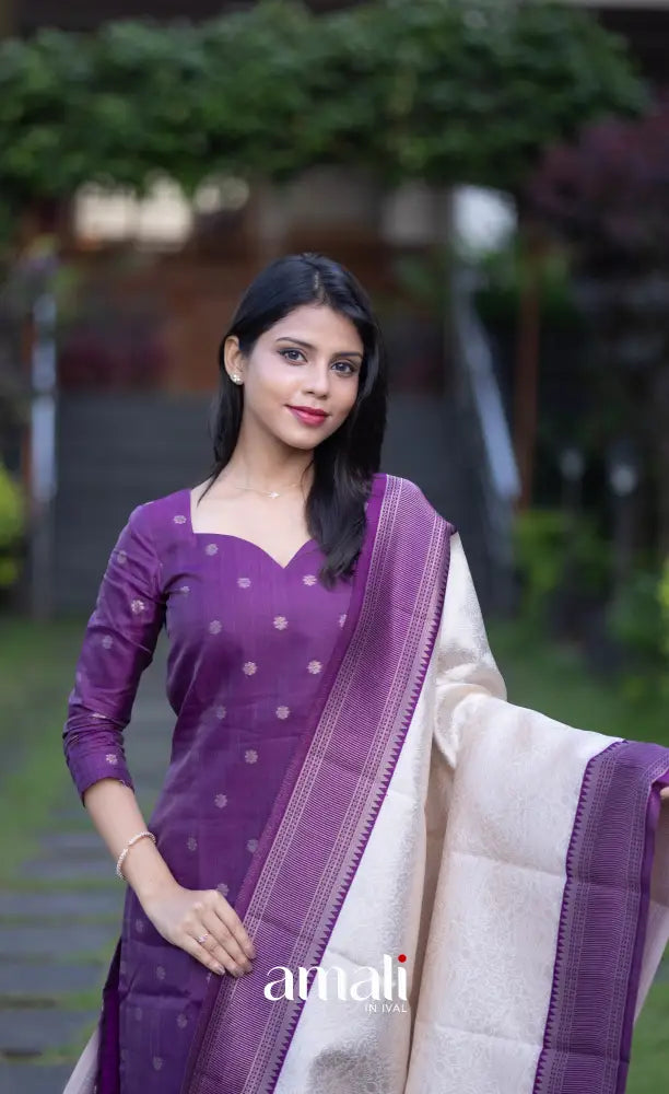 Sanvi Blended Silk Salwar Purple and Offwhite salwar