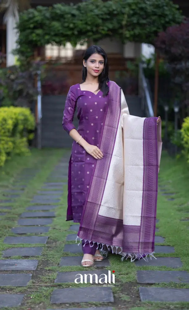 Sanvi Blended Silk Salwar Purple and Offwhite salwar