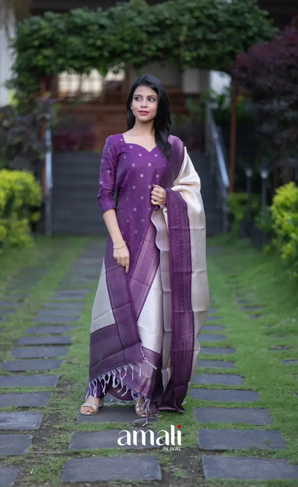 Sanvi Blended Silk Salwar Purple and Offwhite salwar