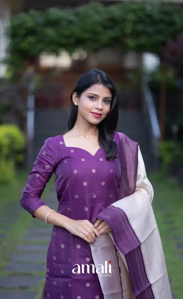 Sanvi Blended Silk Salwar Purple and Offwhite salwar