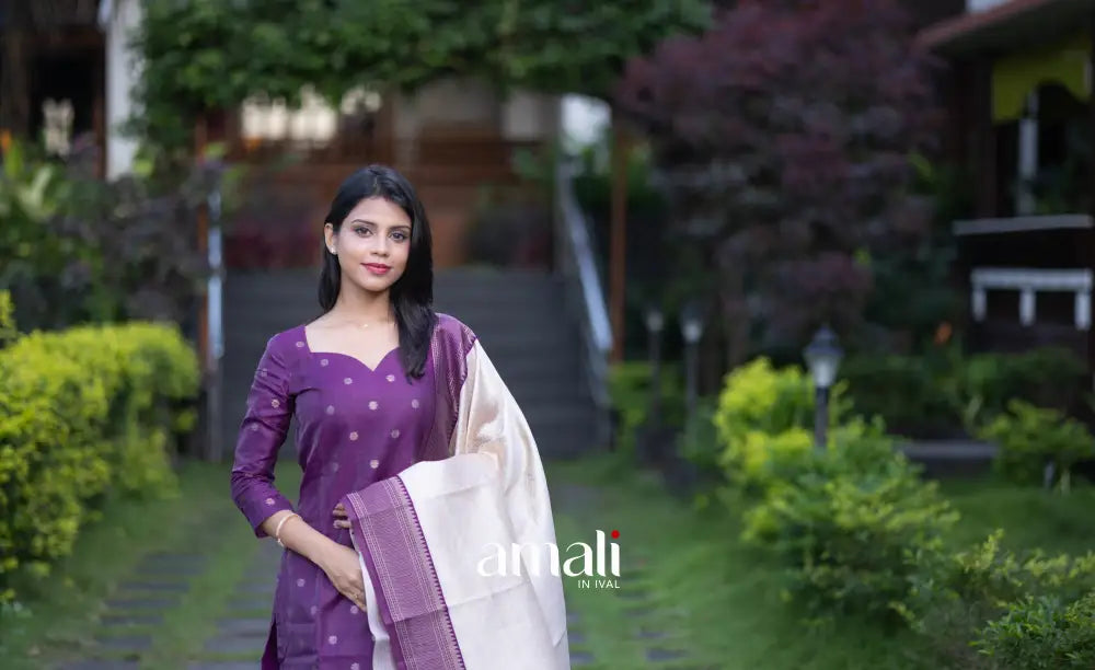 Sanvi Blended Silk Salwar Purple and Offwhite salwar