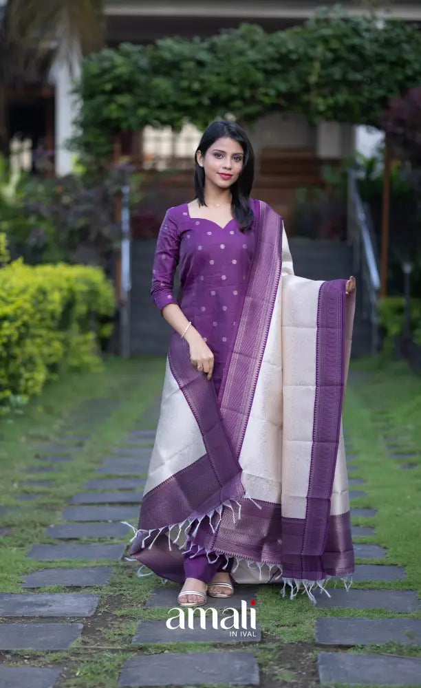 Sanvi Blended Silk Salwar Purple and Offwhite salwar