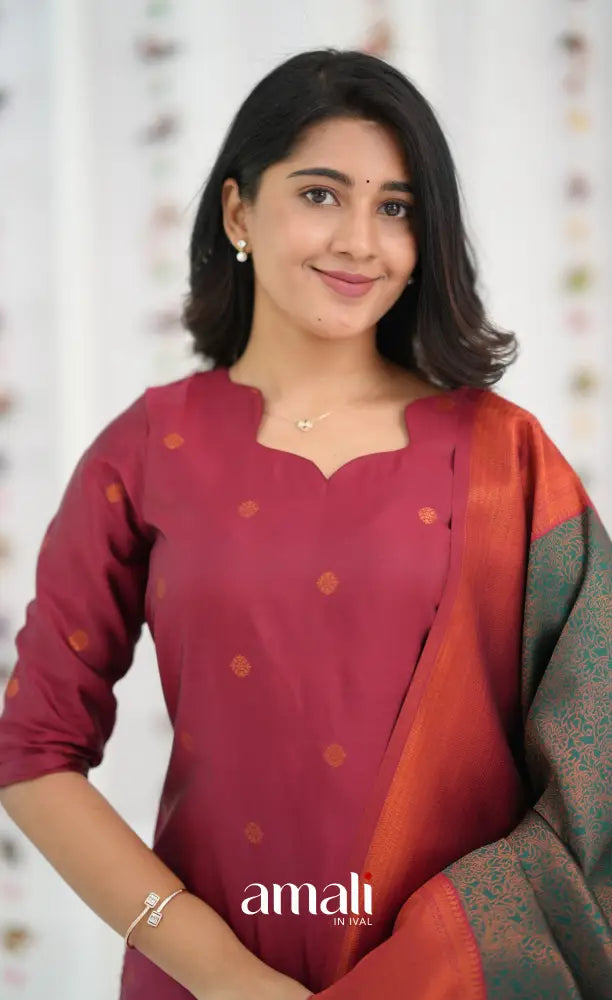 Sanvi Blended Silk Salwar - Reddish Maroon and Dark Green - salwar