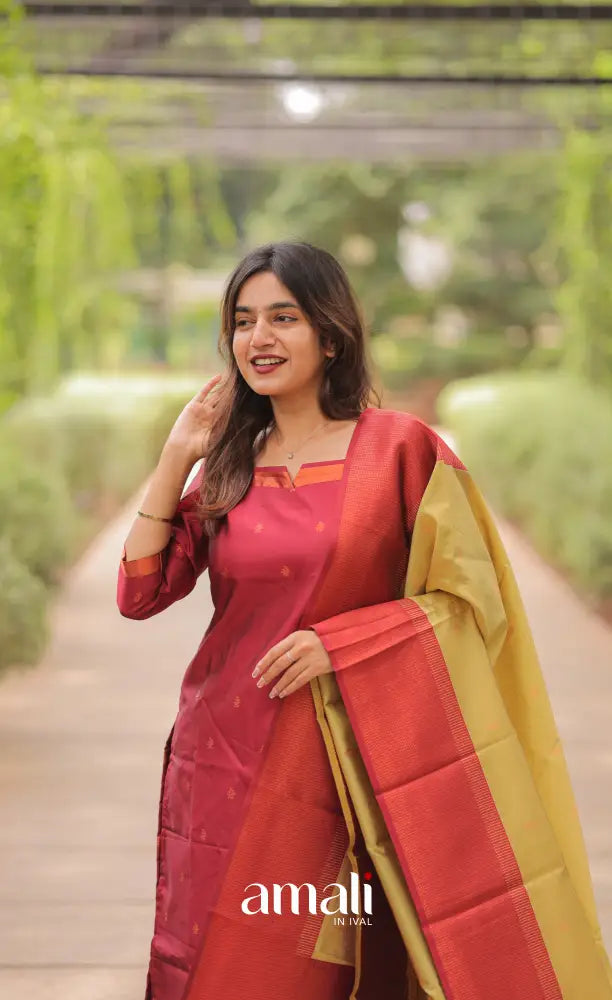 Sanvi Blended Silk Salwar - Reddish Maroon and Golden Yellow salwar