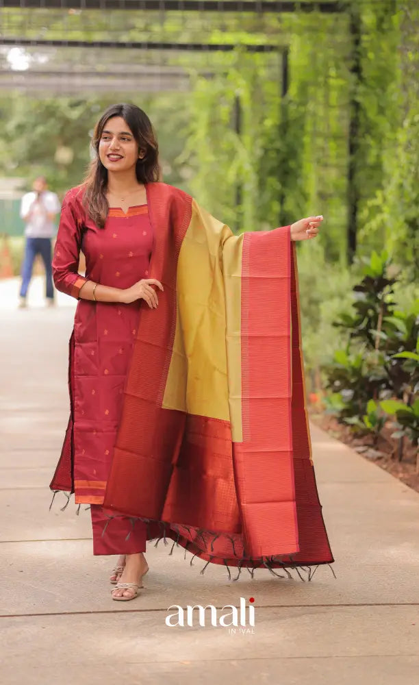 Sanvi Blended Silk Salwar - Reddish Maroon and Golden Yellow salwar