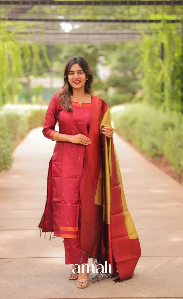 Sanvi Blended Silk Salwar - Reddish Maroon and Golden Yellow salwar
