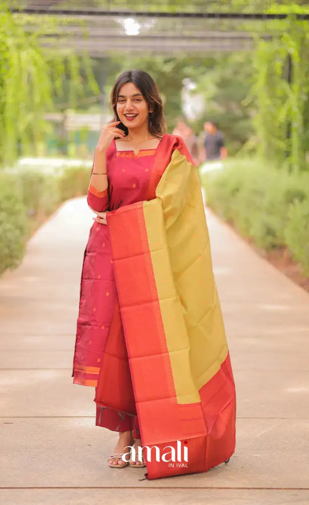 Sanvi Blended Silk Salwar - Reddish Maroon and Golden Yellow salwar