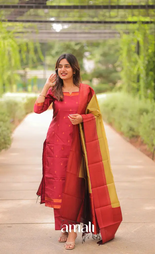 Sanvi Blended Silk Salwar - Reddish Maroon and Golden Yellow salwar