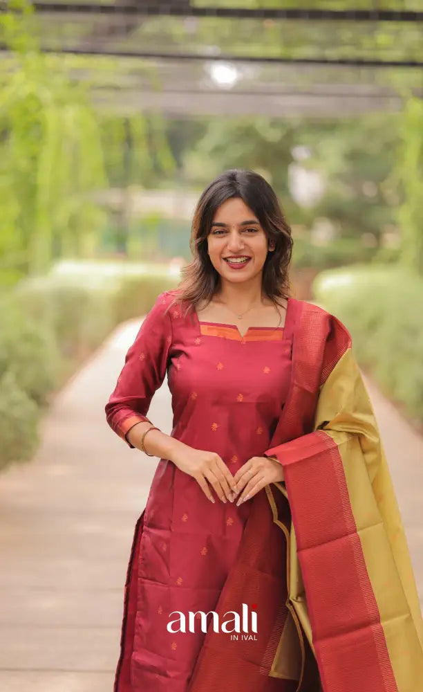 Sanvi Blended Silk Salwar - Reddish Maroon and Golden Yellow salwar
