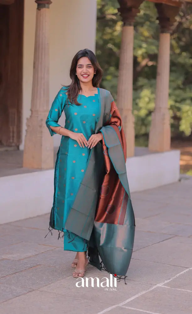 Sanvi Blended Silk Salwar - Teal Blue and Copper Brown salwar