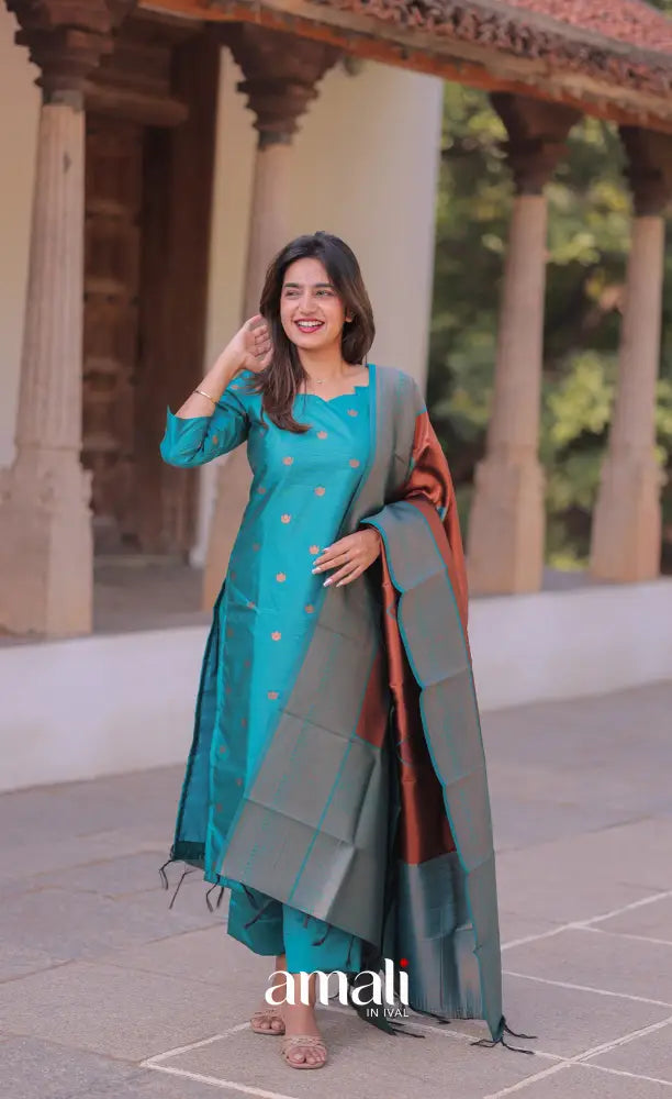 Sanvi Blended Silk Salwar - Teal Blue and Copper Brown salwar