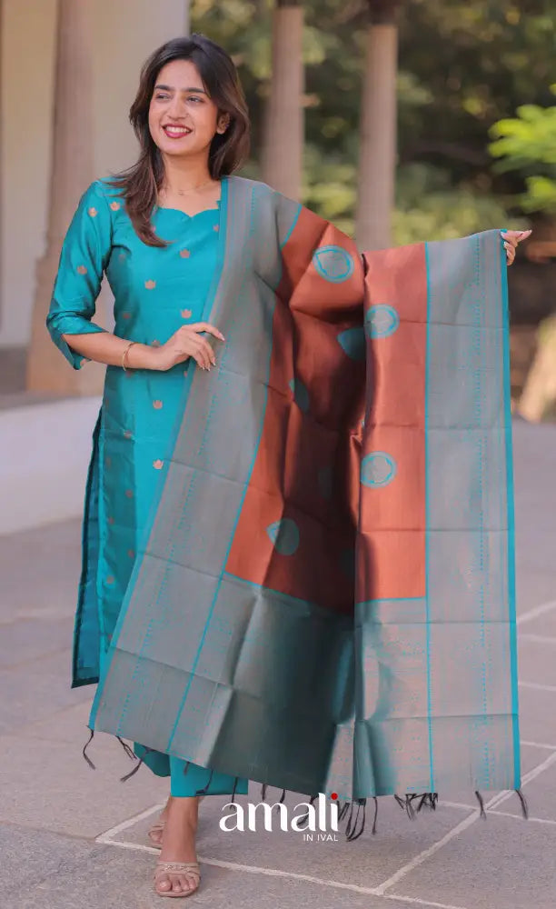 Sanvi Blended Silk Salwar - Teal Blue and Copper Brown salwar