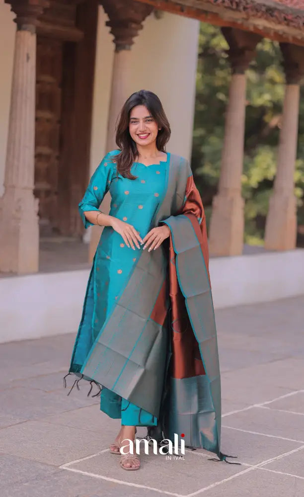 Sanvi Blended Silk Salwar - Teal Blue and Copper Brown salwar