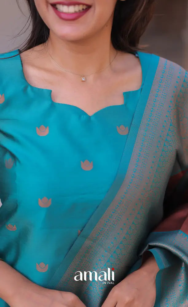 Sanvi Blended Silk Salwar - Teal Blue and Copper Brown salwar