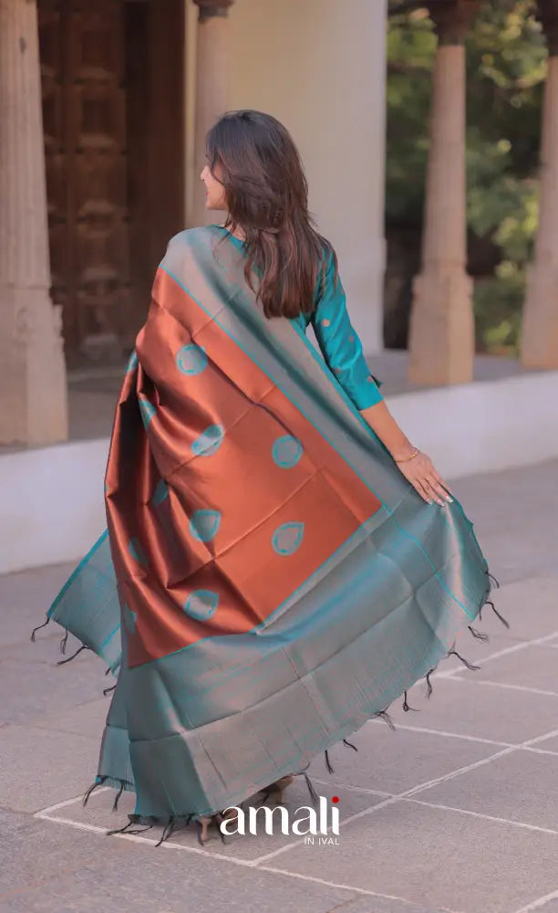 Sanvi Blended Silk Salwar - Teal Blue and Copper Brown salwar